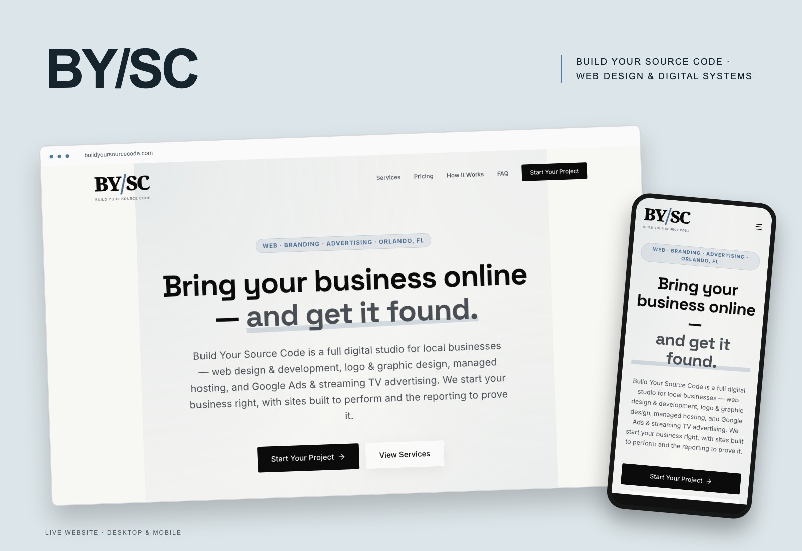 Build Your Source Code live website presented in desktop and mobile browser previews.